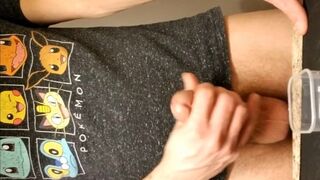 Accumulating cum in a plastic container for a friend.