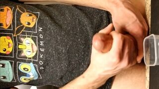 Accumulating cum in a plastic container for a friend.