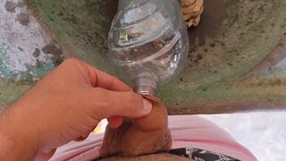 Malleable stick in the disinfectant bottle of the inexperienced straight slave.