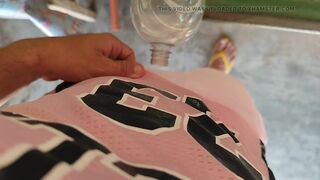 Malleable stick in the disinfectant bottle of the inexperienced straight slave.