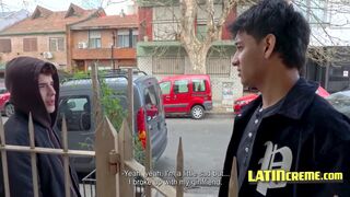 Camilo Caba & Blu Twink take it in the ass in public for the first time and swallow every inch of it