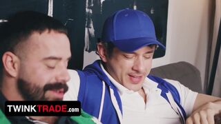 Rocky, Benjamin, and their stepdads sneak out for a wild threesome party with cumshots and hardcore action