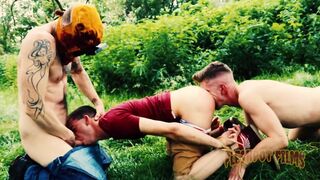 James Oakleigh & his friend dominate tattooed dude with a threesome in the woods
