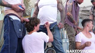 Wild outdoor group sex with Jason Collins, Derek Kage, Greyson Myles, Buck Richards, Eddie Patrick, and Ryan Sebastian