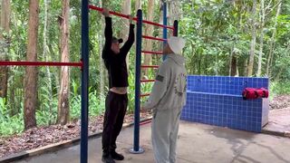 Euerickdiaz & Maloka get naked after intense workout and pound a trainer's big cock in public