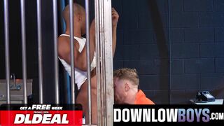 Logan Bell dominates bareback prisonmate Jock with deepthroat & ass fucking