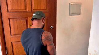 Leo Alfredo and Felipe Nuru share a hot load of milk on their white friend's belly after a wild anal fisting session