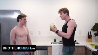 Eric Charming can't resist waking up stepbro Max Lorde with a hard morning fuck in the kitchen