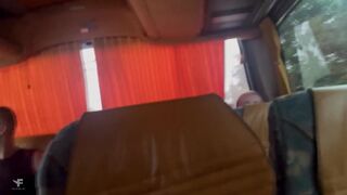 Kit Belove and Falcon Al get aroused on a public bus ride and suck and eat their own jizz - 1 image