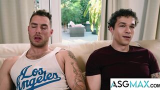 Jayden Marcos, Carter Woods & Ty Santana team up to help straight dude cum hard with a wild spitroast - 3 image