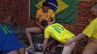 Watch these Brazilian amateurs dominate their colleague's huge black cock during a soccer game with a long and raw bareback sex session! - 11 image