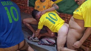 Watch these Brazilian amateurs dominate their colleague's huge black cock during a soccer game with a long and raw bareback sex session! - 12 image