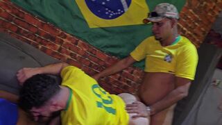 Watch these Brazilian amateurs dominate their colleague's huge black cock during a soccer game with a long and raw bareback sex session! - 14 image