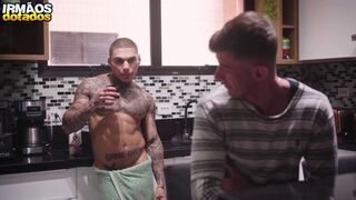 Young stud peeps on Brazilian couple showering & taking a hard cock in their ass - 3 image