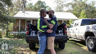 Redneck buds flip fuck after work on their truck - 1 image